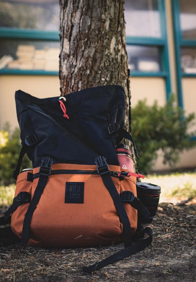 Sac à dos déposé sur un arbre.